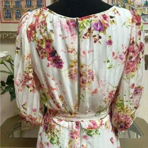 MAISON TARA PINK FLORAL RUFFLE SUMMER MIDI TIE SASH HI LOW DRESS SIZE SMALL🩷 - Picture 6 of 10